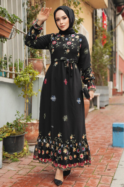 Neva Style Rochie musulmană neagră cu imprimeu floral 23234S