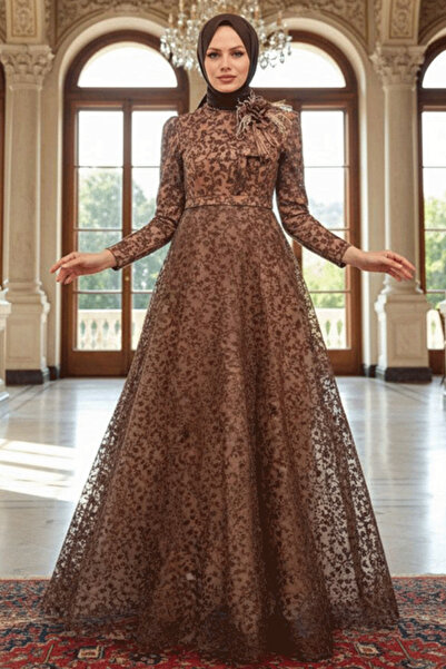 Neva Style فستان سهرة بتصميم حجاب بني اللون 22421KH