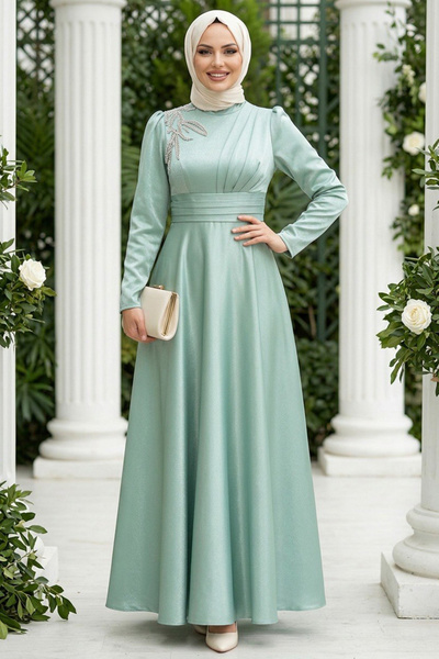 Neva Style Saten Mint Tesettür Abiye Elbise 22301MINT