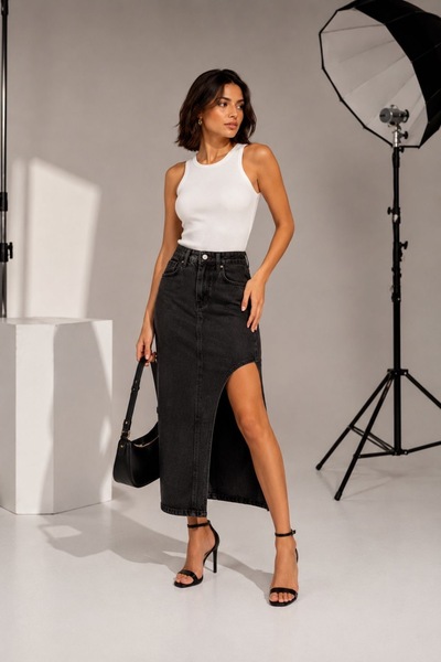 Oyer Moda Siyah Yırtmaçlı Kot Etek