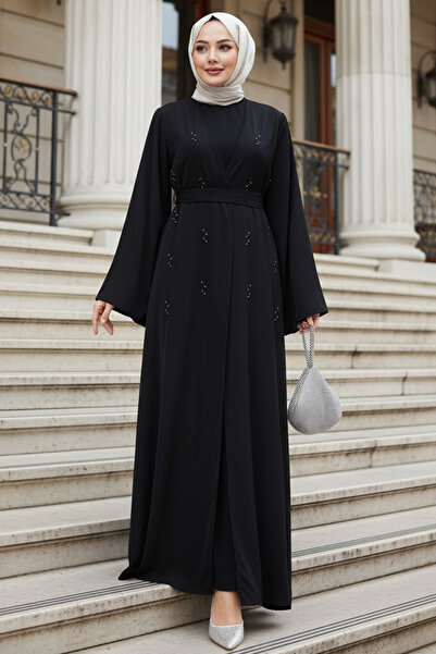 N.S NEVA STYLE Taş Aplikeli Siyah Tesettür Abaya 82412S