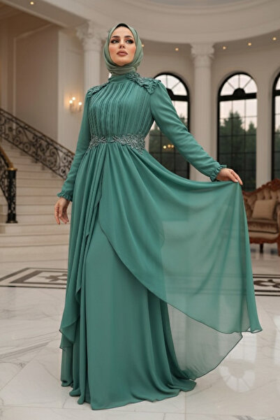 Neva Style Boncuk İşlemeli Çağla Yeşili Tesettür Abiye Elbise 25807CY