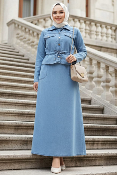 N.S NEVA STYLE Costum dublu albastru cu rochie din denim Hijab 44652M