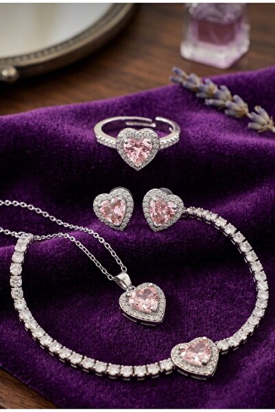 Bijuty Kalp Detaylı Set Silver Renk-Kolye-Küpe-Yüzük-Bileklik (SÜRPRİZ HEDİYELİ)