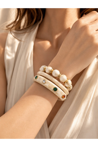 POSEİDONS JEWELLERY Cream Amber Look Colored Stone Detailed Gold Accented Tri...