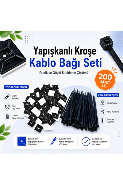 Atx Yapışkanlı Kroşe Kablo Bağı Seti Kroşe Cırt Seti 200 Parça