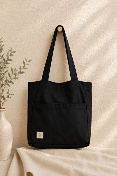 sewingya Handmade Black 4-Pocket 100% Cotton Sustainable Fabric Shoulder Bag
