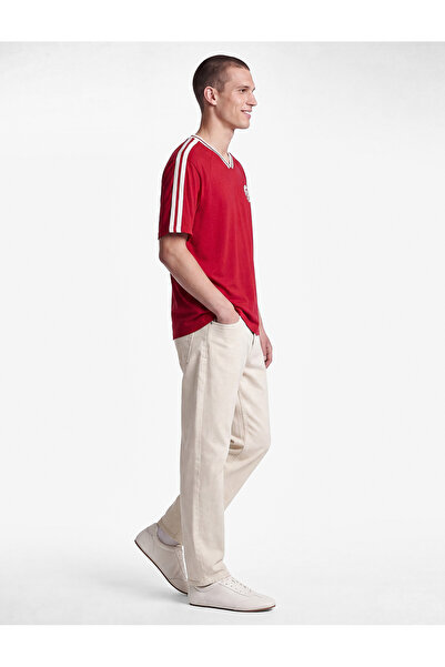 Koton Tricou cu mânecă scurtă din bumbac, cu dungi, cu decolteu în V, cu impr...