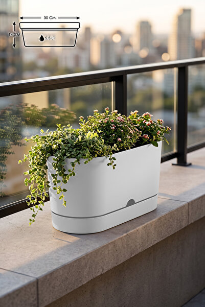 ToXA 5.5 Litre Beyaz Begonya Balkon Saksı Dekoratif Tabaklı Izgarasız Mat Pla...