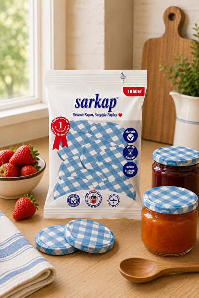 Sarkap Hijyenik Paketli 10 adet Kavanoz Kapağı – Mat Mavi Ekose – 82 mm