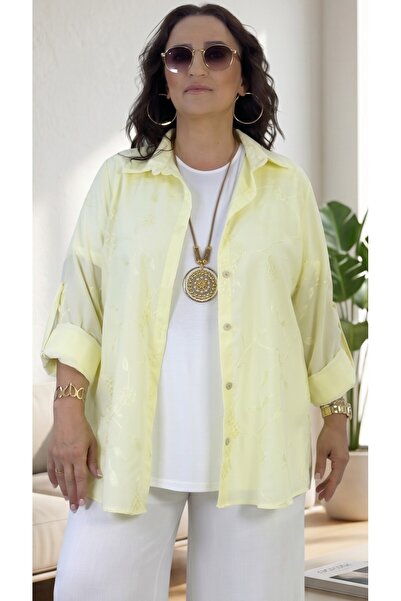 yagmurberen Foldable Sleeves Embroidery Detail Shirt Short Sleeves Combed Cot...