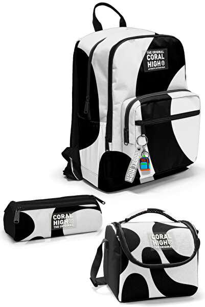 Coral High Black and White Patterned 3-Piece School Bag Set Set0123687