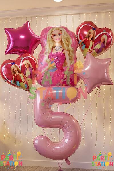 Parti Station Barbie Folyo Balon Set Barbie Kalp Pembe 5 Yaş Balon Set Barbie...
