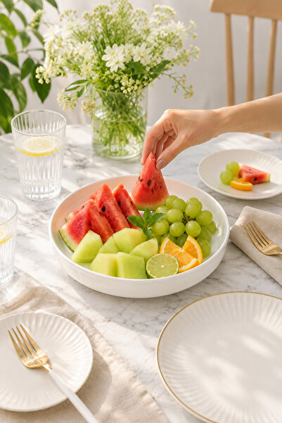MAY HOME Porselen Derin Salata Kasesi & Büyük Boy Sunum Servis Kasesi 24 Cm