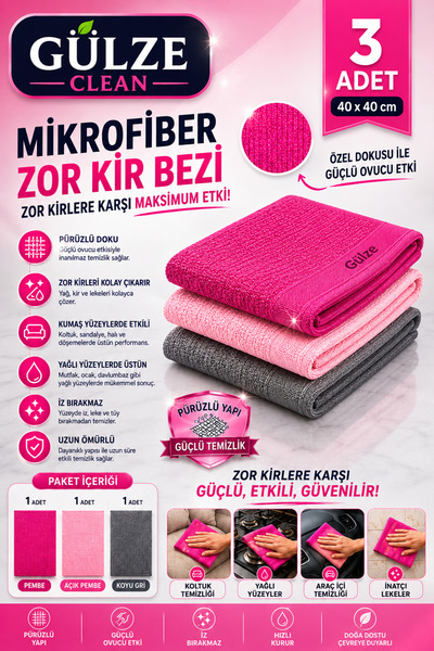 GÜLZE Lavetă originală din microfibră INOX TELLİ ZOR KİR (3 bucăți-40X40 cm-C...