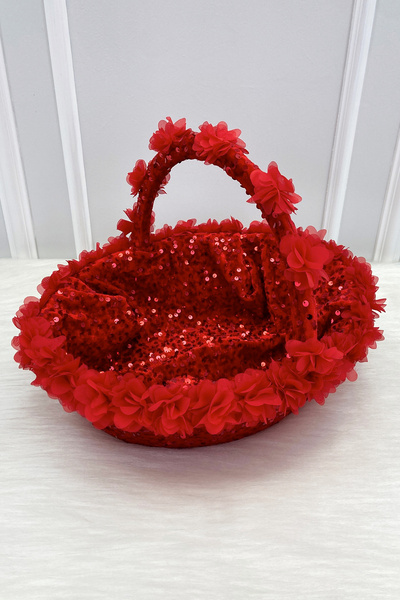 ZEYMERADE Red Bridal Henna Night Basket, Sparkling Sequin Velvet and Three-Di...
