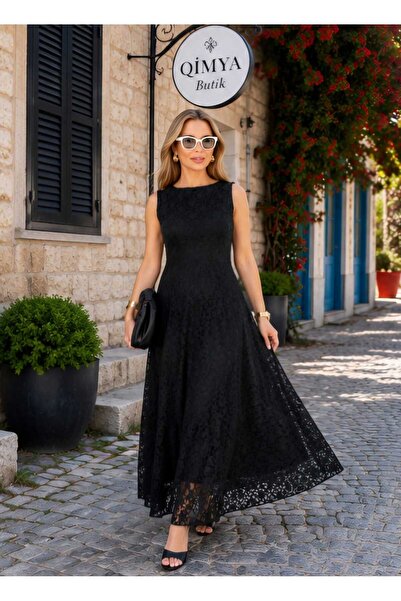 QİMYA BUTİK BUKETLİ Kadın Sıfır Yaka Kolsuz Astarlı Maxi Boy Uzun Dantel ELBİSE