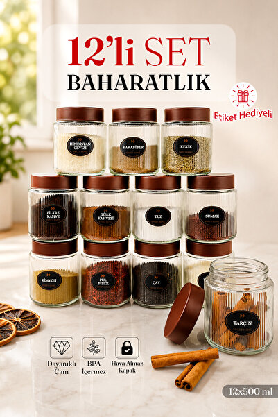 naturelove 12-Piece Labeled Striped Glass Jar Spice Rack Set – Spice Storage ...