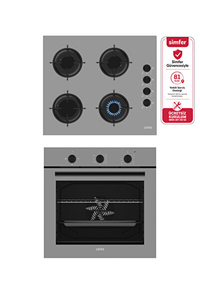 Carino 4 Fonksiyon Mekanik Gri Power Turbo 2'li Cam Ocaklı Ankastre Set (Fırı...