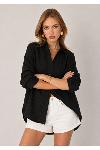 EDITION WOMAN Siyah Müslin Yıkamalı Oversize Pamuk Gömlek | EK100165030