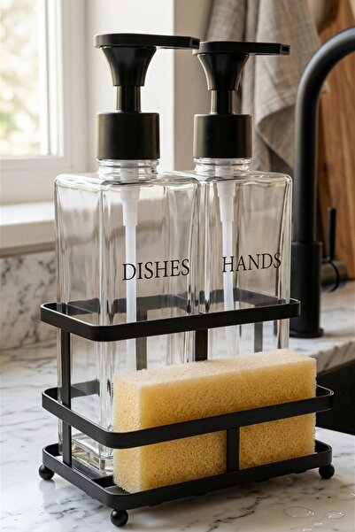 MAKRİ HOME Black Metal Stand Pole Double Glass Liquid Soap Dispenser Set, 2 X...