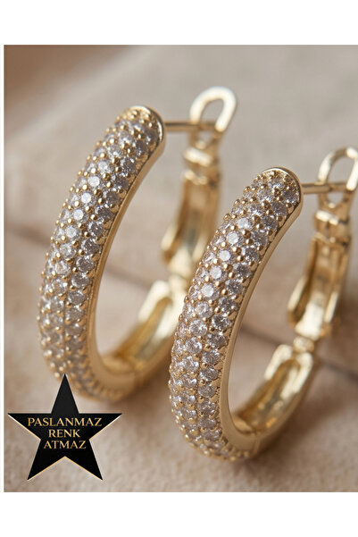 XUPING JEWELRY Xuping 14K Altın Renginde Zirkon Taşlı Oval Halka Günlük Kulla...