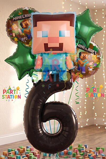 Parti Station Minecraft Balon 6 Yaş Doğum Günü Set Minecraft Konsept Yıldız B...