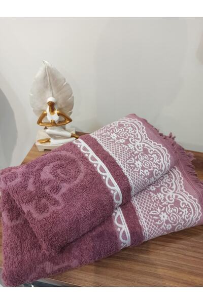 ŞENER HOME 2'li Saçaklı Hamam Seti, Banyo Ve Baş Havlusu - Gül Kurusu
