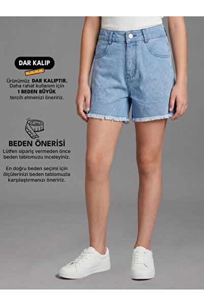 CMK PREMIUM Kız Çocuk Taşlı Paçası Püsküllü Mavi Şort