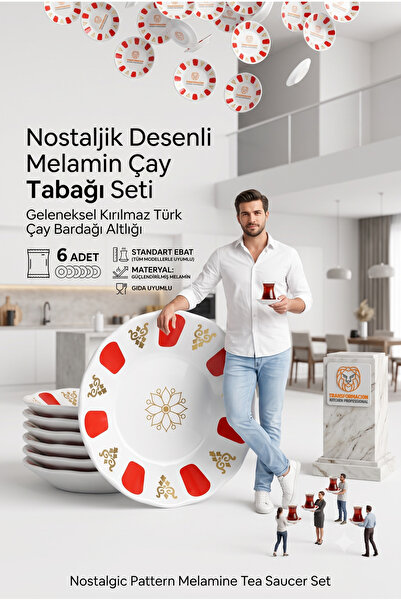Transformacion Kırmızı Nostaljik Desenli Melamin Çay Tabağı Seti - 6 Adet Gel...