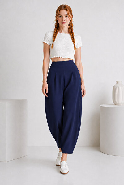 MossMoi Pantaloni tip harem, stil balon, din țesătură crep scuba, albastru marin