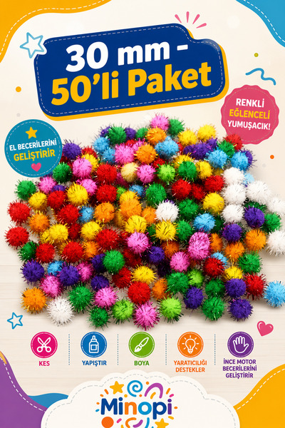 Minopi Renkli Simli Ponpon Peluş Top 50'li Paket 30 mm Hobi Tasarım Anasınıfı...