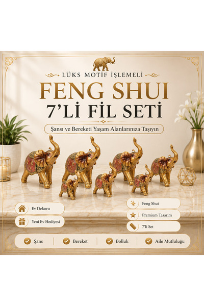 e-life shop Lüks Motif İşlemeli Feng Shui 7'li Şans Bereket Fil Heykeli Seti ...