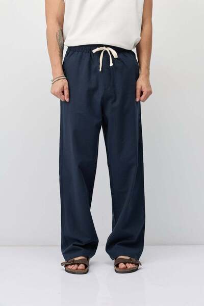 VAMOSCLO Lace-up baggy fit linen trousers navy blue