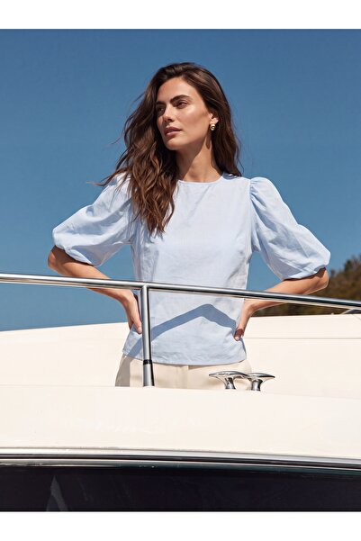ONLOOX Light Blue Cotton Crew Neck Balloon Sleeve Comfortable Fit Backless Bl...