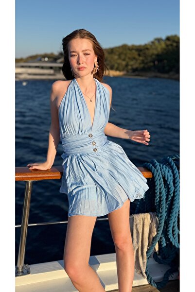 Aurélie Düğmeli volanlı mini elbise