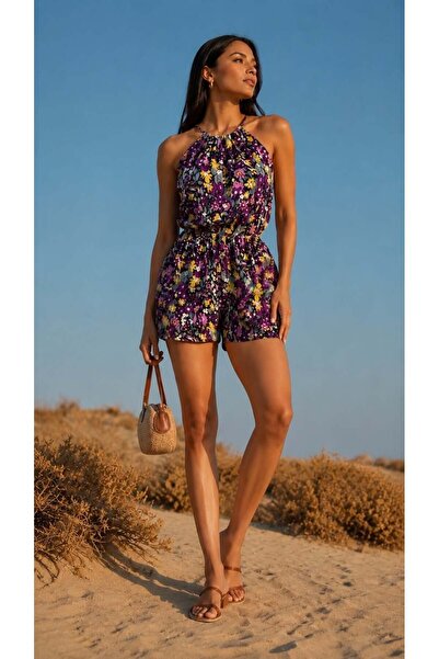 Modafeminen DESENL1 Halter Yaka Desenli Mini Şortlu Tulum 581390