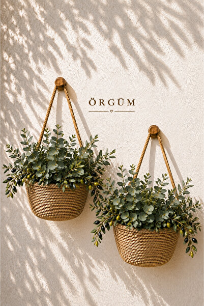 ÖRGÜM Sepet 2'li Mini Çiçeklik Dekoratif Organizer 12x10 Cm (BİTKİLER VE AHŞA...