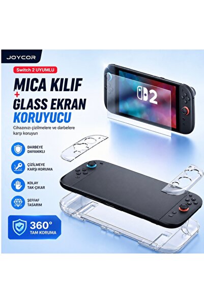 JOYCOR Switch 2 Uyumlu Tam Koruma Seti - Kristal Şeffaf Kılıf, Glass Ekran Ko...