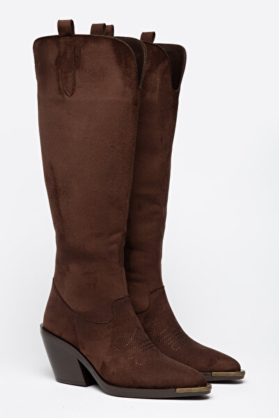 DENORA Brown Matte Suede Metal Toe Flat Below-The-Knee Western Cowboy Boots