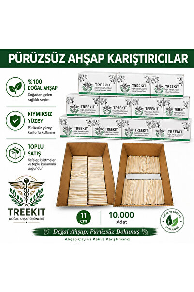 Treekit 11 cm Ahşap Çay Karıştırıcı 10.000 Adet – Tek Kullanımlık Doğal Tahta...