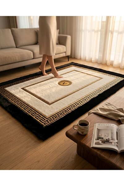 SANCAK DERİ HALI MODERN GOLD VARAKLIİ SİYAH&EKRU PELUŞ HALI