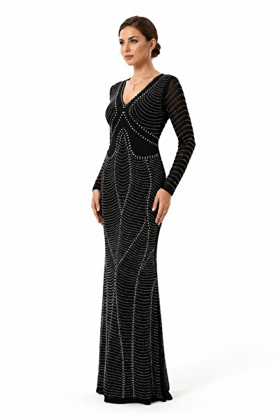 unbranded Women's Black Beaded Mermaid Maxi Evening Dress with V-Neck, Long S...