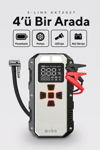 S-LINK AKT2027 Gümüş 8000mAh 150 Psi 4 in1 Powerbank+ LED Işık Lastik Sisirme...