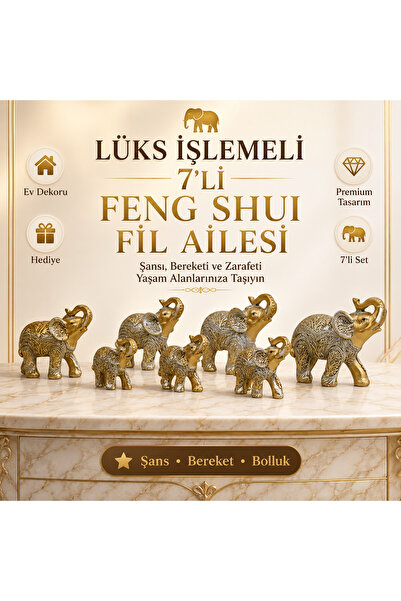e-life shop Lüks İşlemeli 7'li Feng Shui Fil Biblo Seti Şans Bereket Dekorati...