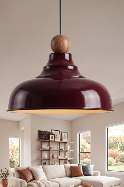 Marrien Lora Vintage Ahşap Boncuk Detaylı Bordo Metal Sarkıt (33 cm) Yemek Ma...