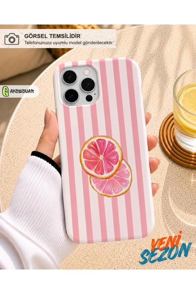 Q Aksesuar iPhone 15 Pro Max Uyumlu Pembe Greyfurt Desenli Çizgili Tasarım Te...