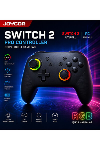 JOYCOR PC ve Switch 2 Uyumlu RGB Bluetooth Gamepad - Siyah Kablosuz Joystick