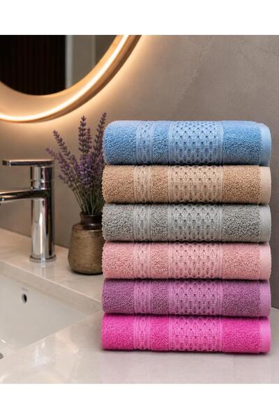 bornoz dünyası 50x90 6 Pieces 100% Cotton Hand and Face Towel