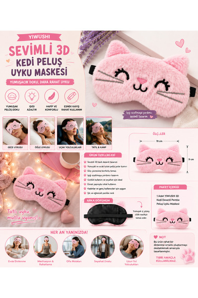 ORGANICYOU Yiwushi Cute 3D Cat Pattern Pink Plush Sleep Mask – Soft Fleece Ey...